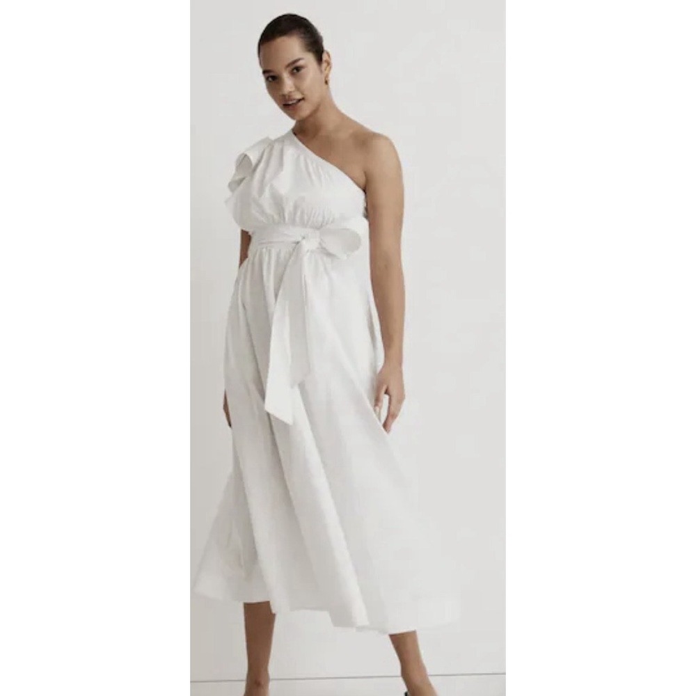 Madewell White One Shoulder Ruffle Cotton Midi Dress Belt Pocket Size 24W NWT